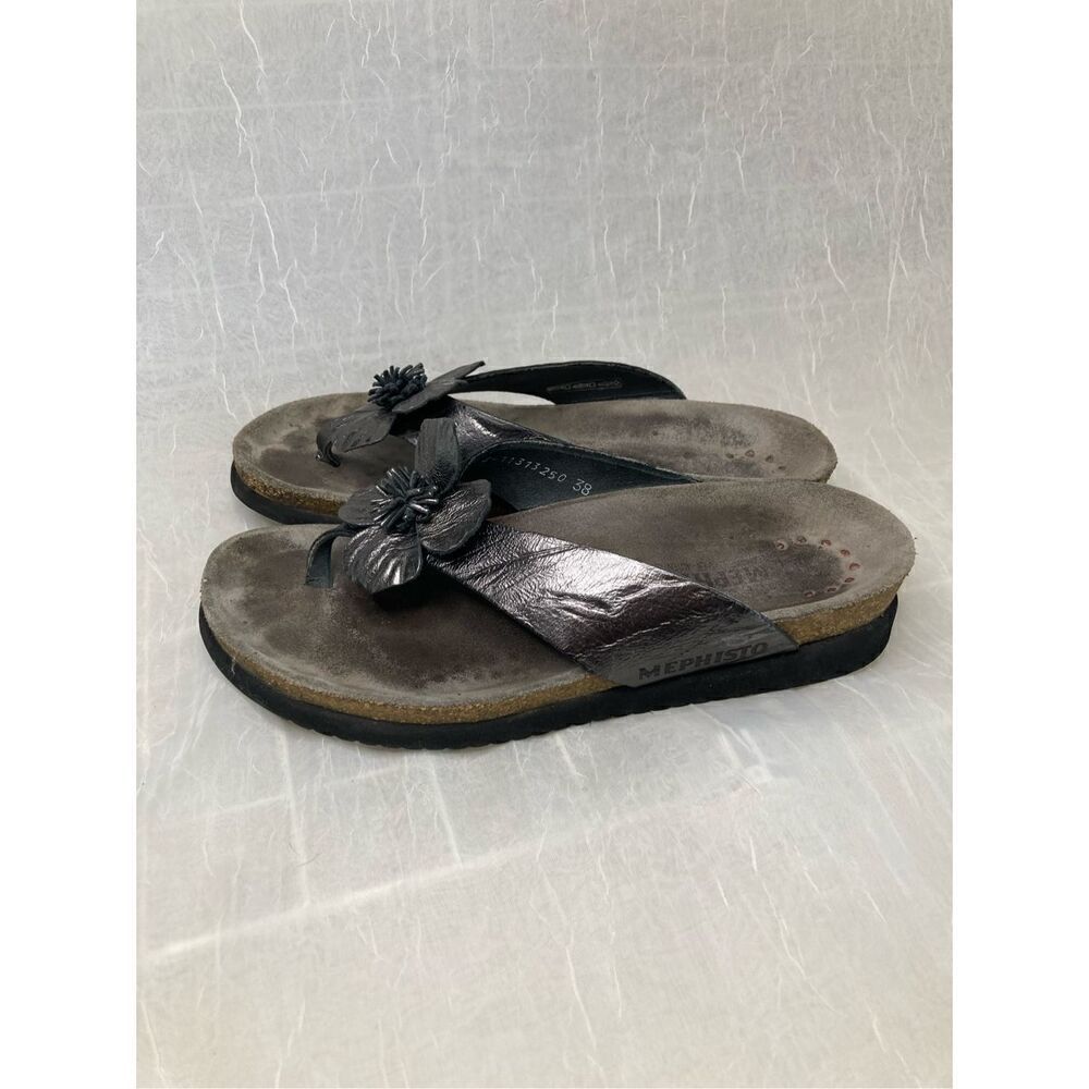 Mephisto Violette Leather Silver Flip Flop Thong Sandals Women's 7.5-8 EUR 38